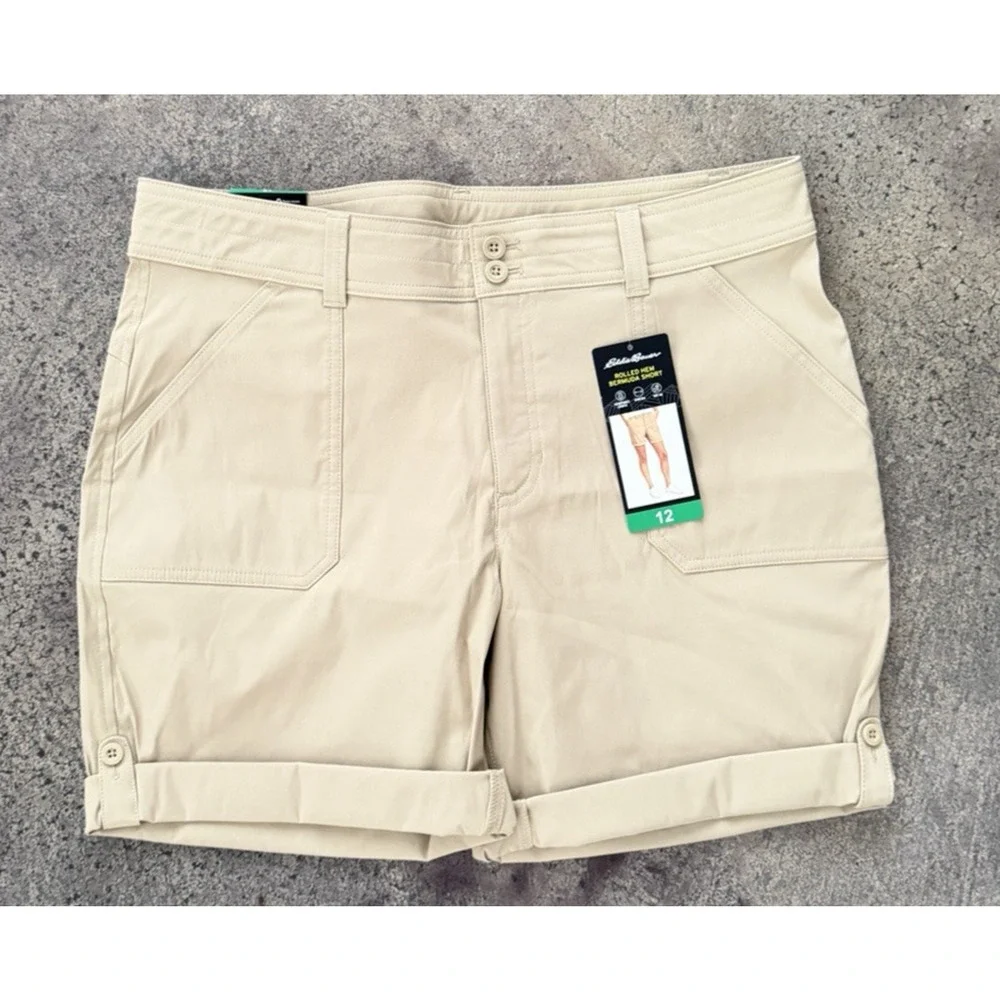 NWT Women’s Eddie Bauer Khaki Shorts Rolled Hem Bermuda Size 12 UPF 50 Pockets